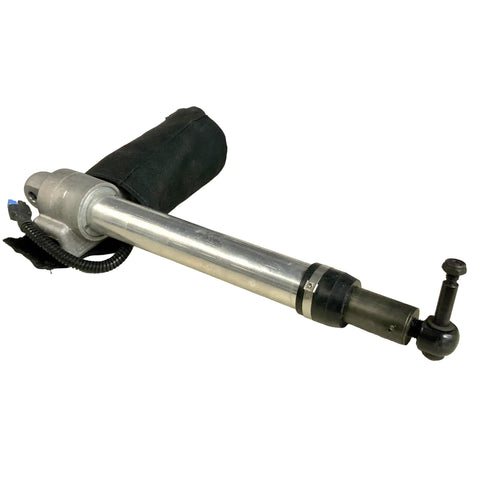 a silver metal actuator shaft with a black attachment on one end and a black connection bag on the other