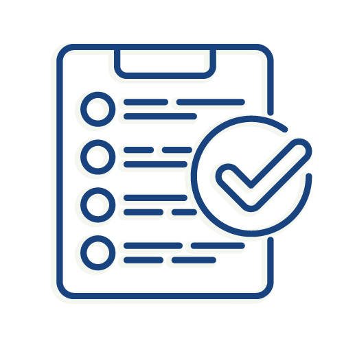 a blue illustration of a checklist form and clipboard on a white diamond background