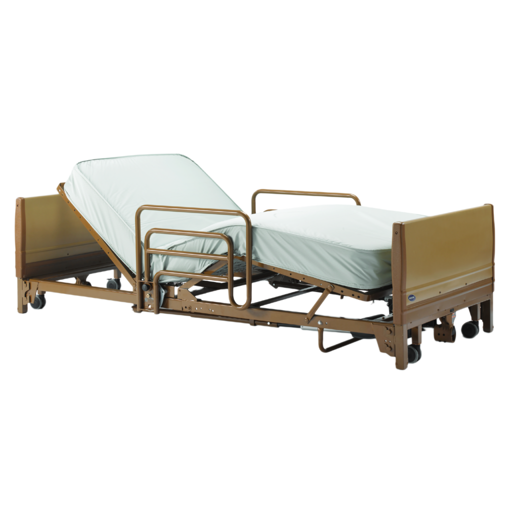 a brown hospital bed with side rails and a white mattress. the head and legs are in a raised position
