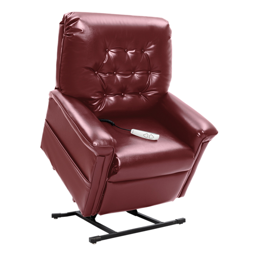 a burgundy leather lift chair recliner raised up in the stand-assist position with a white corded hand control pendant sitting on the seat cushion