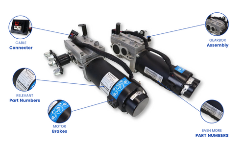 a diagram showing various parts of a motor assembly including the cables/connectors, gearbox, part number labels, and brakes