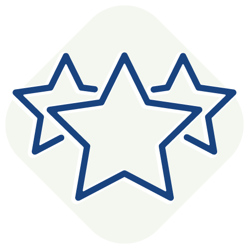 a blue line icon showing a star centered on top of smaller stars to the left and right on a pale green background shape