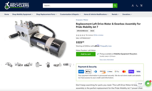 a screen shot of a high-quality listing for a wheelchair motor that features many product photos and comprehensive product information for the viewer