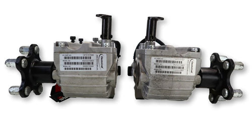 the gearboxed on a pair of motors viewed from the back so that both identifying labels are visible
