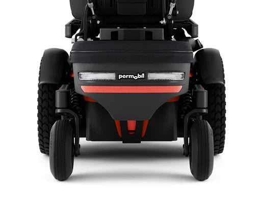 image of Essentials Carrier attached to Permobil electric wheelchair