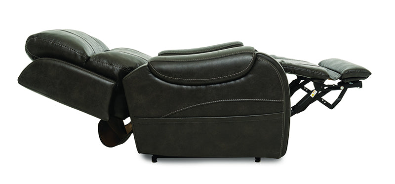 black lift assist recliner with back reclined and feel elevated