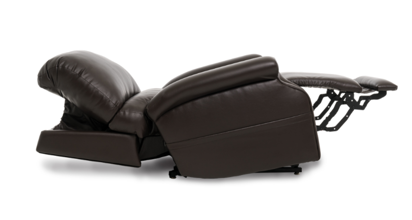 brown power lift recliner fully reclined with feet portion elevated