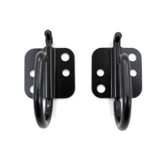 a pair of black metal open hooks for hanging bags on a power wheelchair