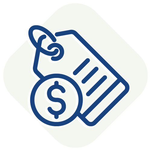 a blue line icon showing a sale tag and dollar sign on a pale green background shape