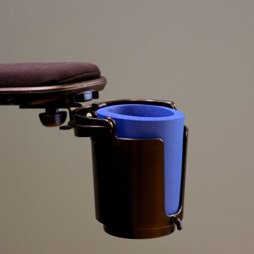 image of self-leveling cupholder attached to armrest of Permobil power chair