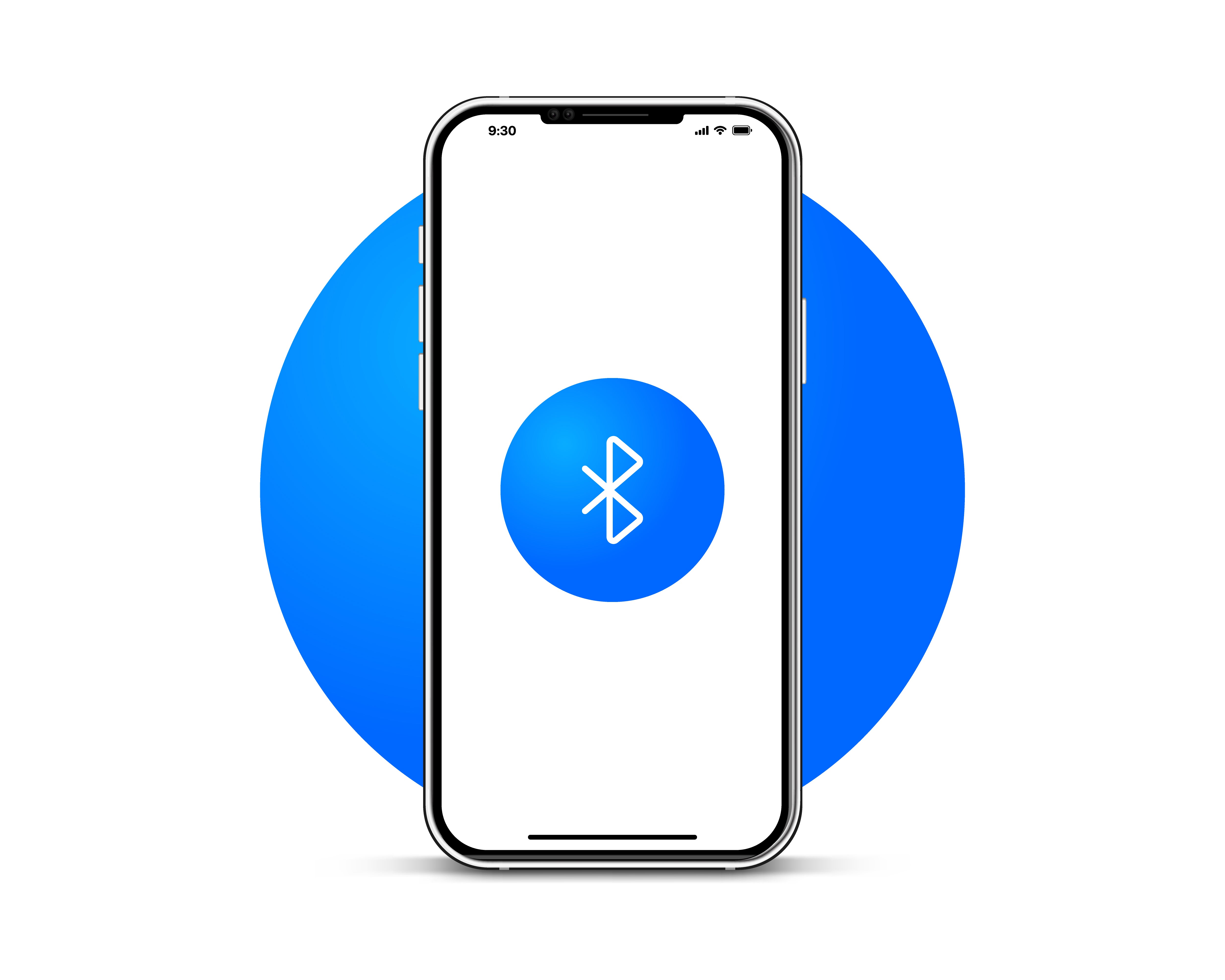 a blue bluetooth icon centered on a white mobile phone display. the phone is sitting on a blue circular background