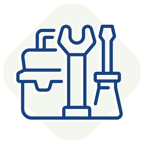 a blue line icon showing a toolbox, wrench, and screwdriver on a pale green background shape
