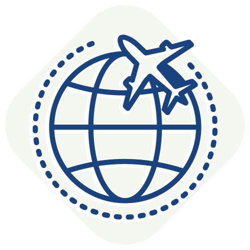 a blue line icon showing an airplane and globe on a pale green background shape