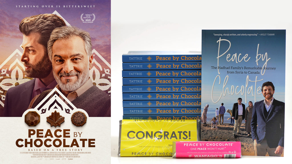 Left: Peace by Chocolate movie poster. Right: a photo of a stack of Peace by Chocolate books with chocolate bars.