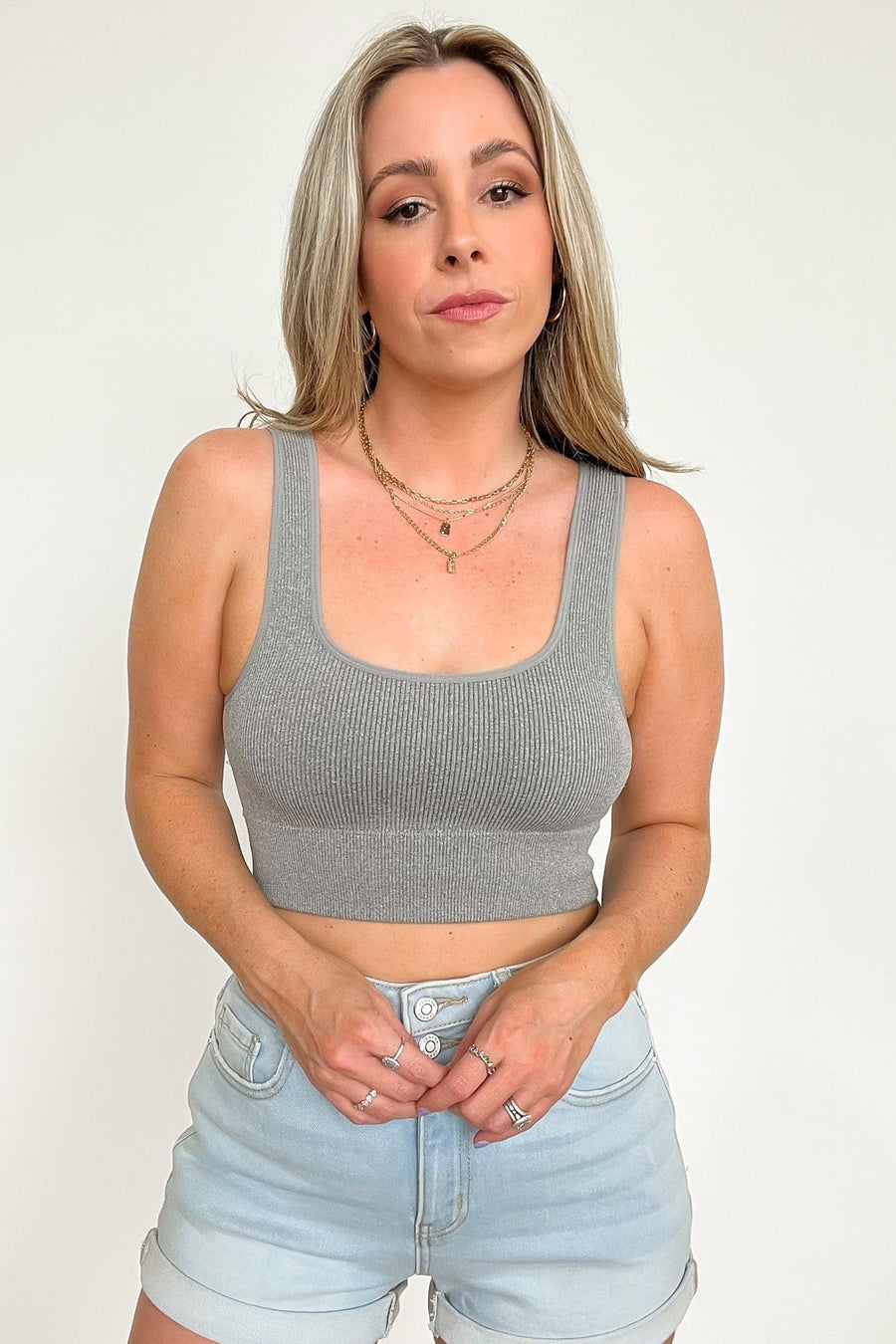 Heather Gray / SM Celanea Ribbed Square Neck Cropped Bra Top - kitchencabinetmagic