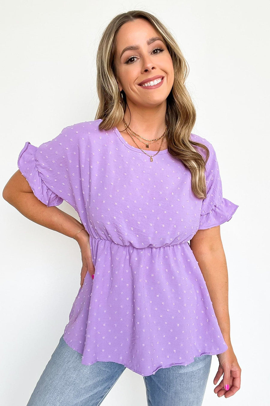 Lilac / S Delightfully Sweet Swiss Dot Ruffle Peplum Top - kitchencabinetmagic