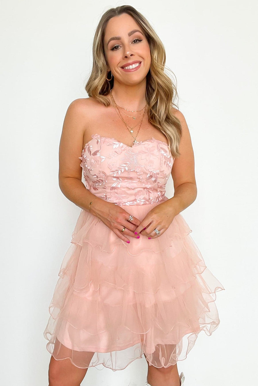 S / Blush Effervescent Afternoon Floral Lace Tulle Tiered Dress - kitchencabinetmagic
