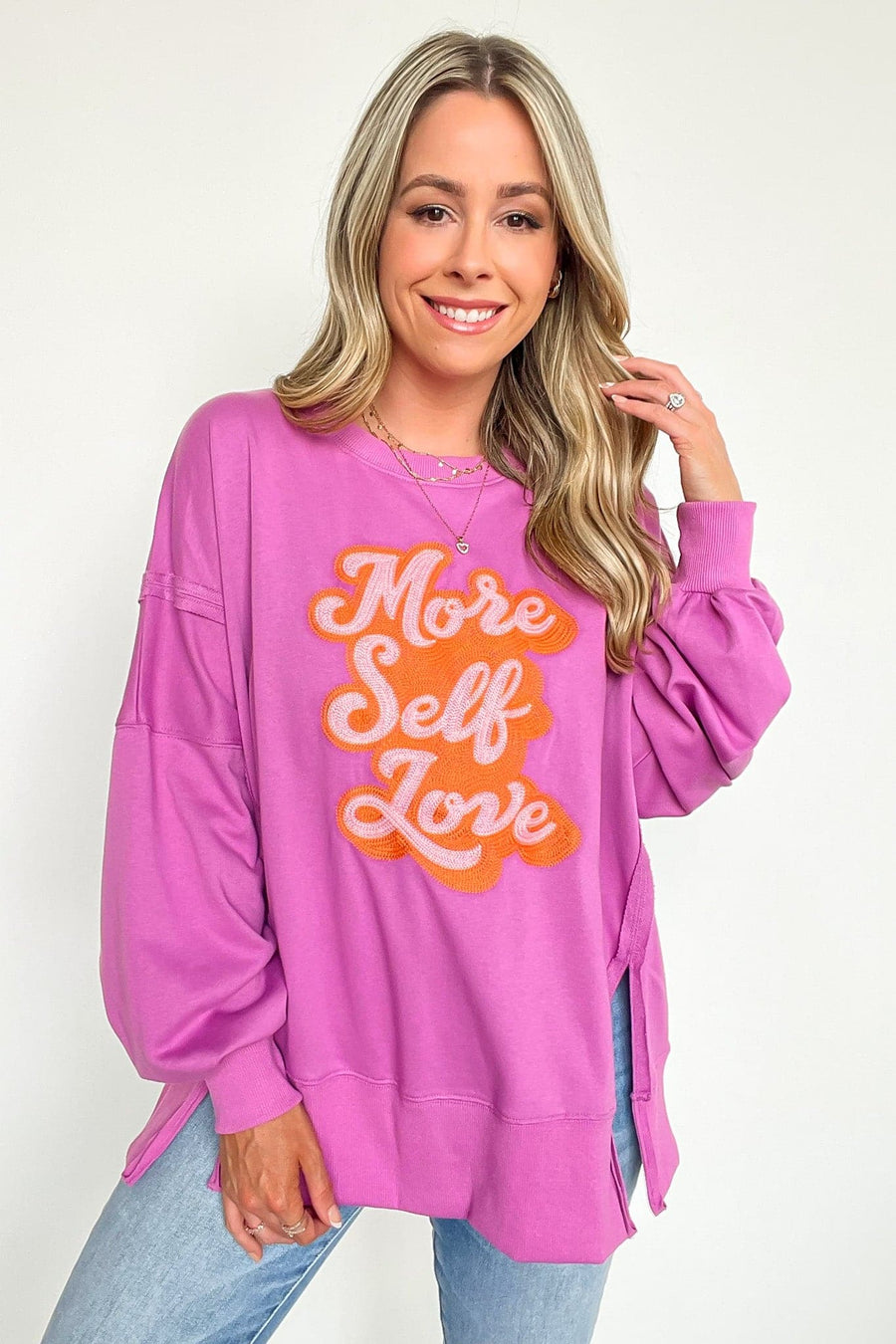 More Self Love Oversized Graphic Embroidered Pullover