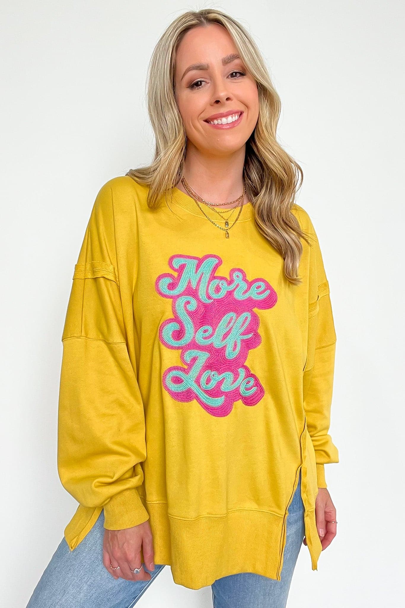  More Self Love Oversized Graphic Embroidered Pullover - kitchencabinetmagic