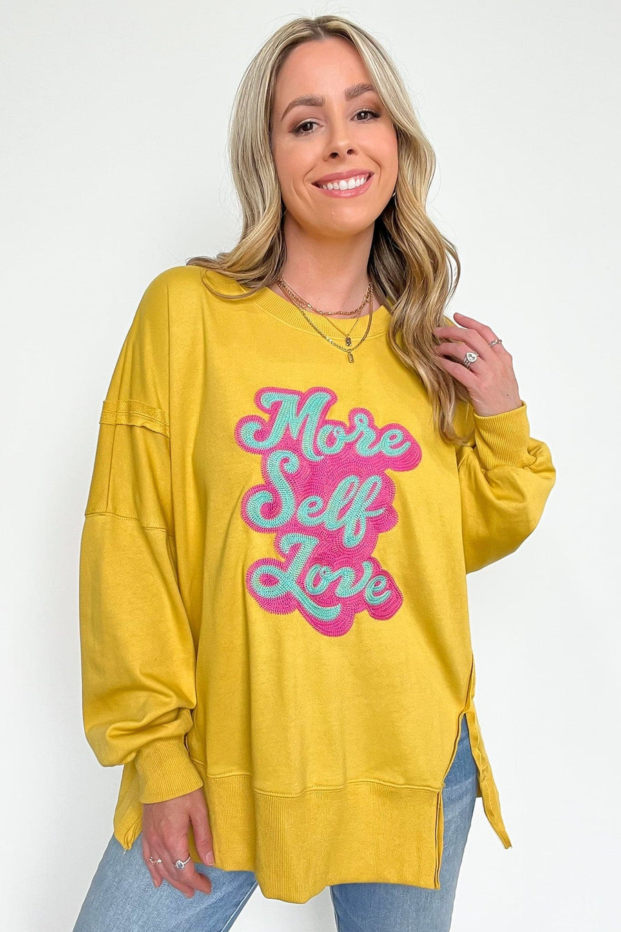 Yellow / S More Self Love Oversized Graphic Embroidered Pullover - kitchencabinetmagic