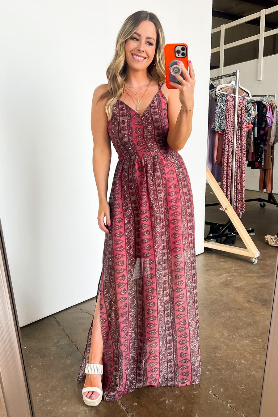 S / Pink Norielle Geo Print Criss Cross Back Flowy Maxi Dress - kitchencabinetmagic