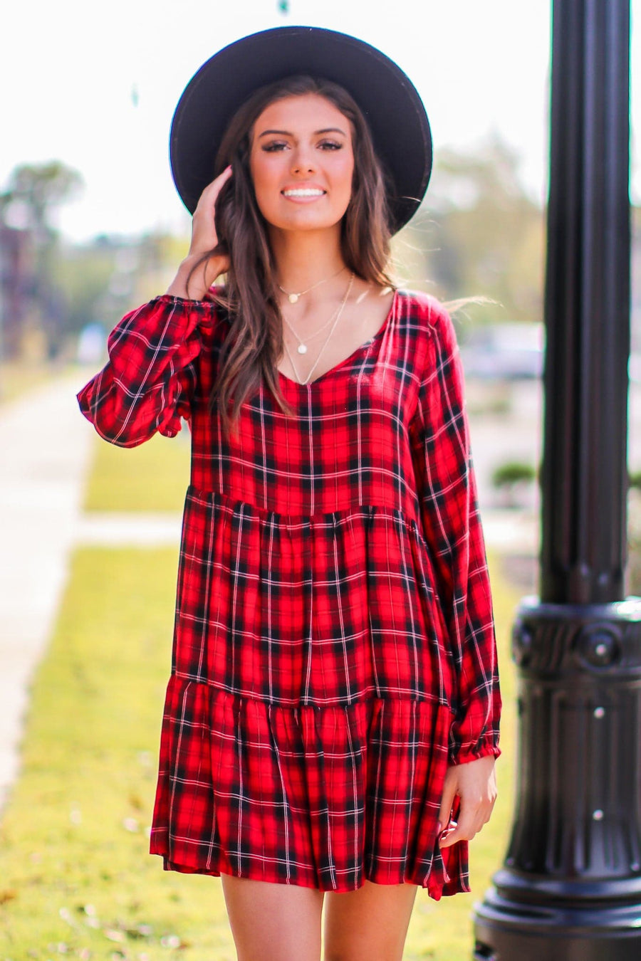 Red / S Arielle Plaid Tiered Dress - FINAL SALE - kitchencabinetmagic