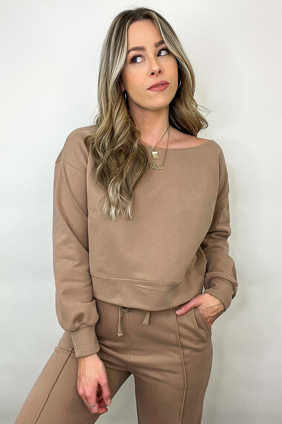 S / Taupe Begin with the Basics Off Shoulder Sweatshirt - FINAL SALE - kitchencabinetmagic