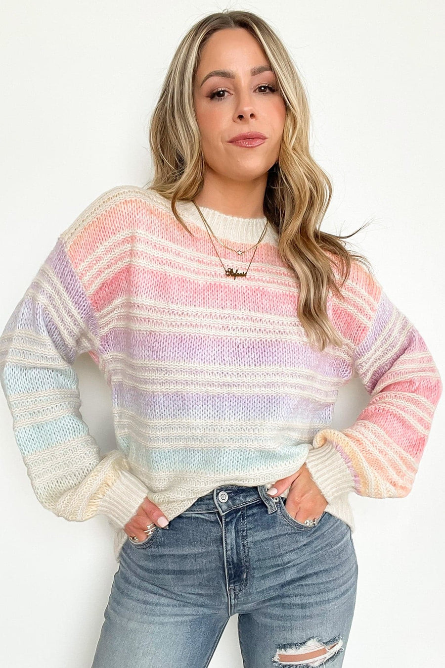 S / Off White/Rainbow Brighter Day Rainbow Multi Knit Sweater - kitchencabinetmagic