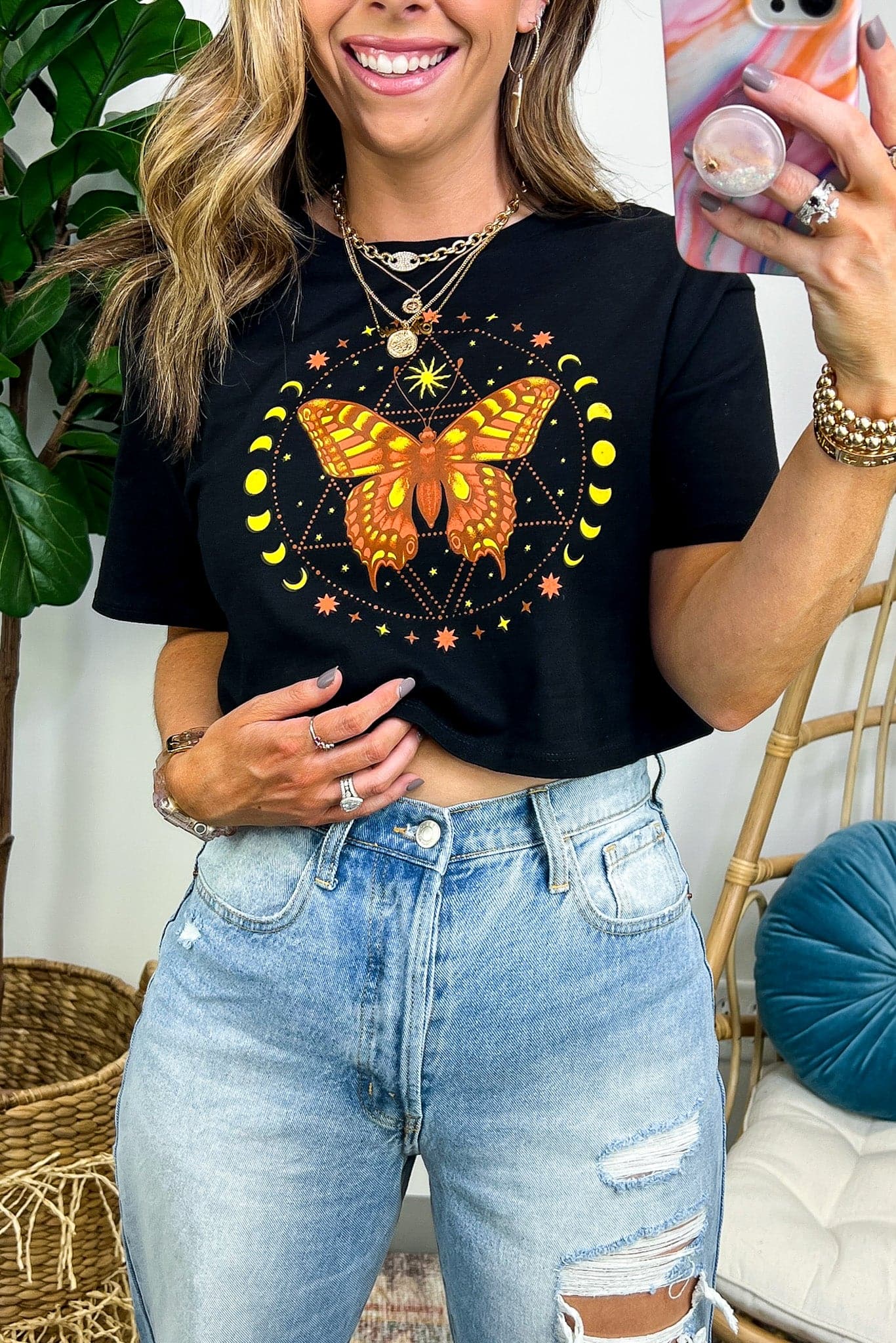  Butterfly Sun and Moon Graphic Cropped Tee - FINAL SALE - kitchencabinetmagic