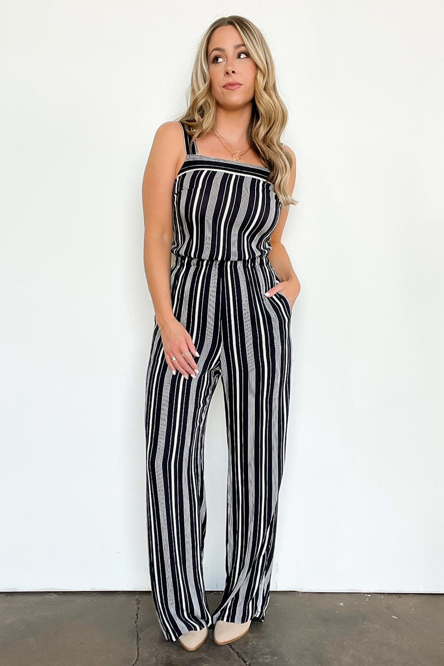 S / Navy Cambre Striped Tie Back Jumpsuit - FINAL SALE - kitchencabinetmagic