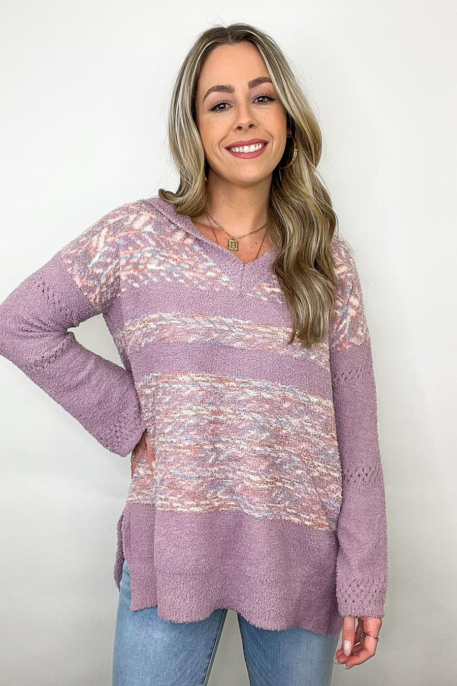 S / Lavender Carmyne Abstract Knit Contrast Hooded Top - FINAL SALE - kitchencabinetmagic