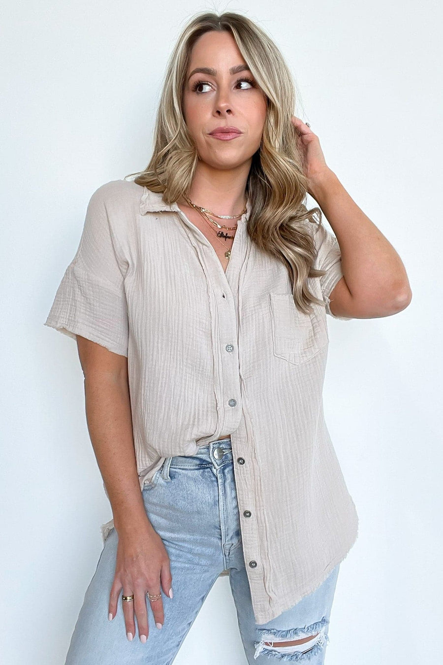  Casitah Raw Edge Short Sleeve Button Down Top  | CURVE - FINAL SALE - kitchencabinetmagic