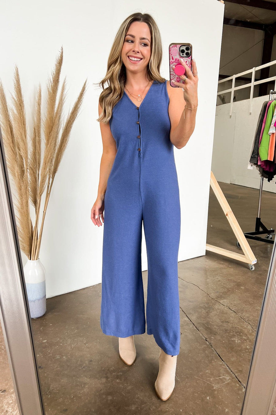  Chic Wishes V-Neck Button Front Jumpsuit - FINAL SALE - kitchencabinetmagic