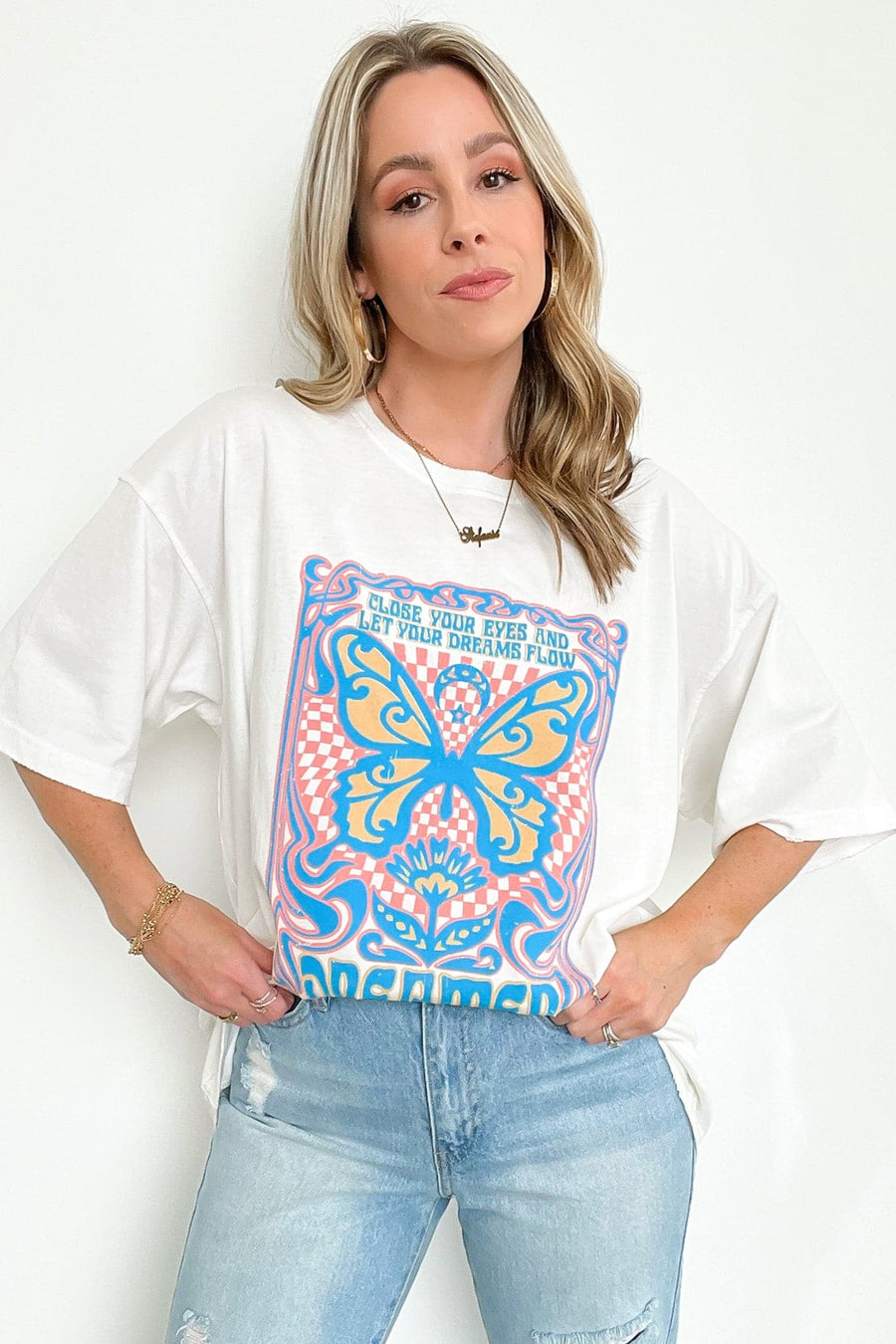  Dreamer Butterfly Checkered Oversized Graphic Tee - kitchencabinetmagic