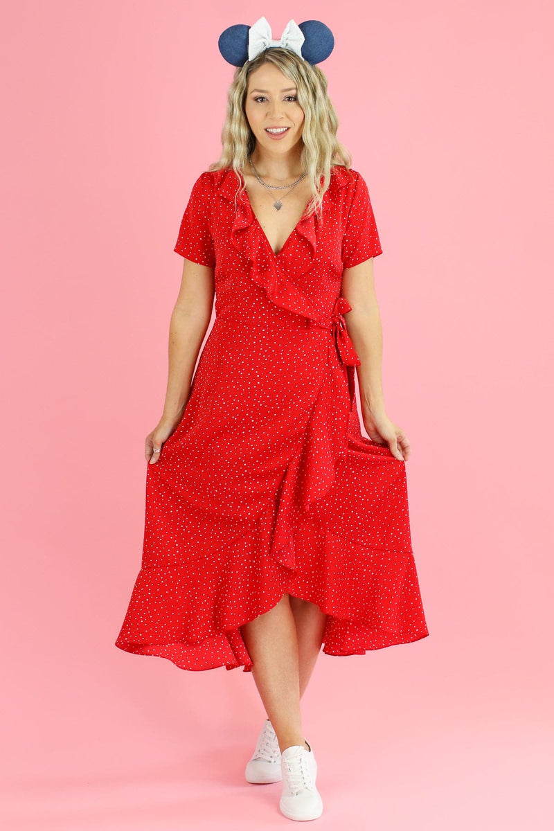 red wrap dress polka dot