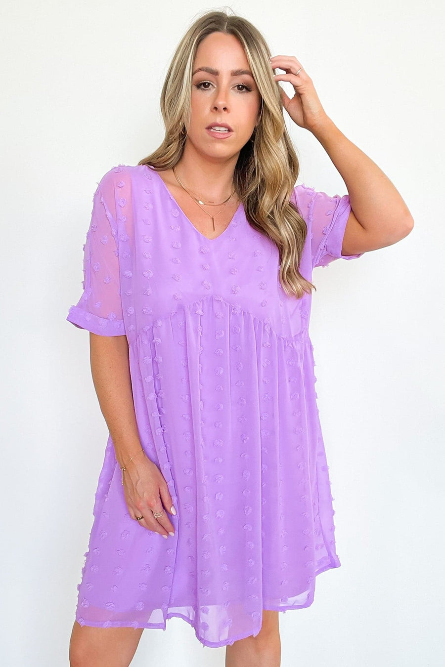 Bright Lavender / S Flatter Much V-Neck Swiss Dot Dress | CURVE - BACK IN STOCK - kitchencabinetmagic