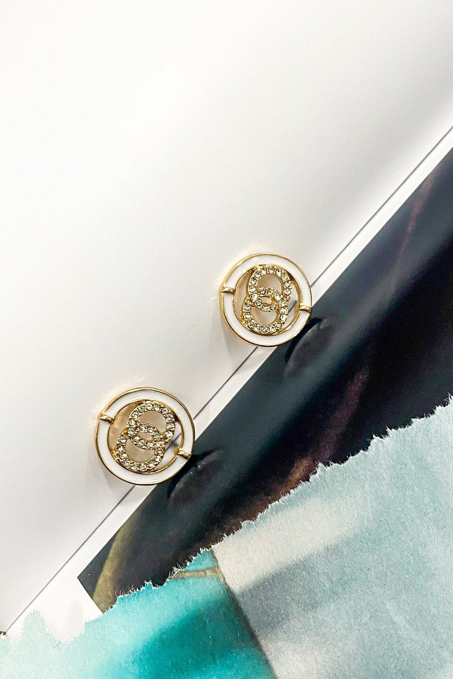 White Hello Luxe Double Circle Crystal Earrings - FINAL SALE - kitchencabinetmagic