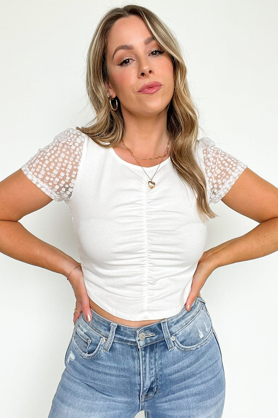 White / S Highly Favored Ruched Mesh Detail Crop Top - kitchencabinetmagic