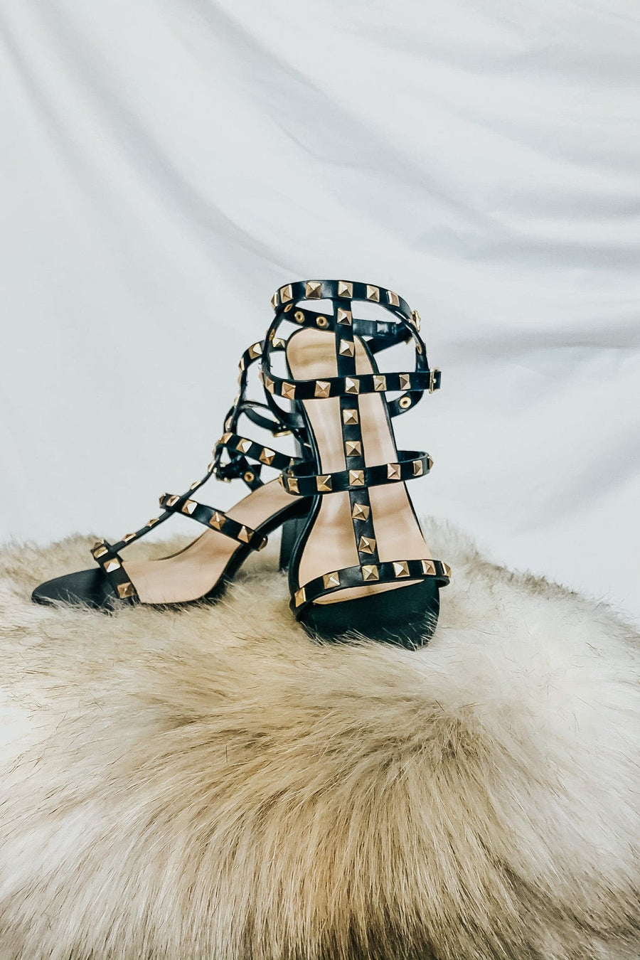 Black / 5.5 Treasured Studded Strappy Heels - FINAL SALE - kitchencabinetmagic