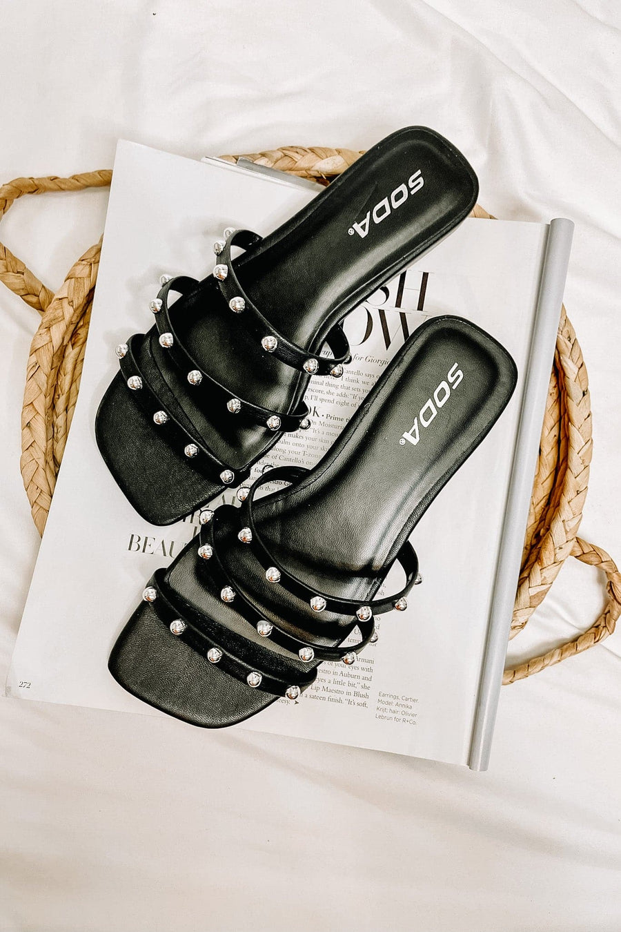 Black / 5.5 Slip on By Strappy Studded Sandals - FINAL SALE - kitchencabinetmagic