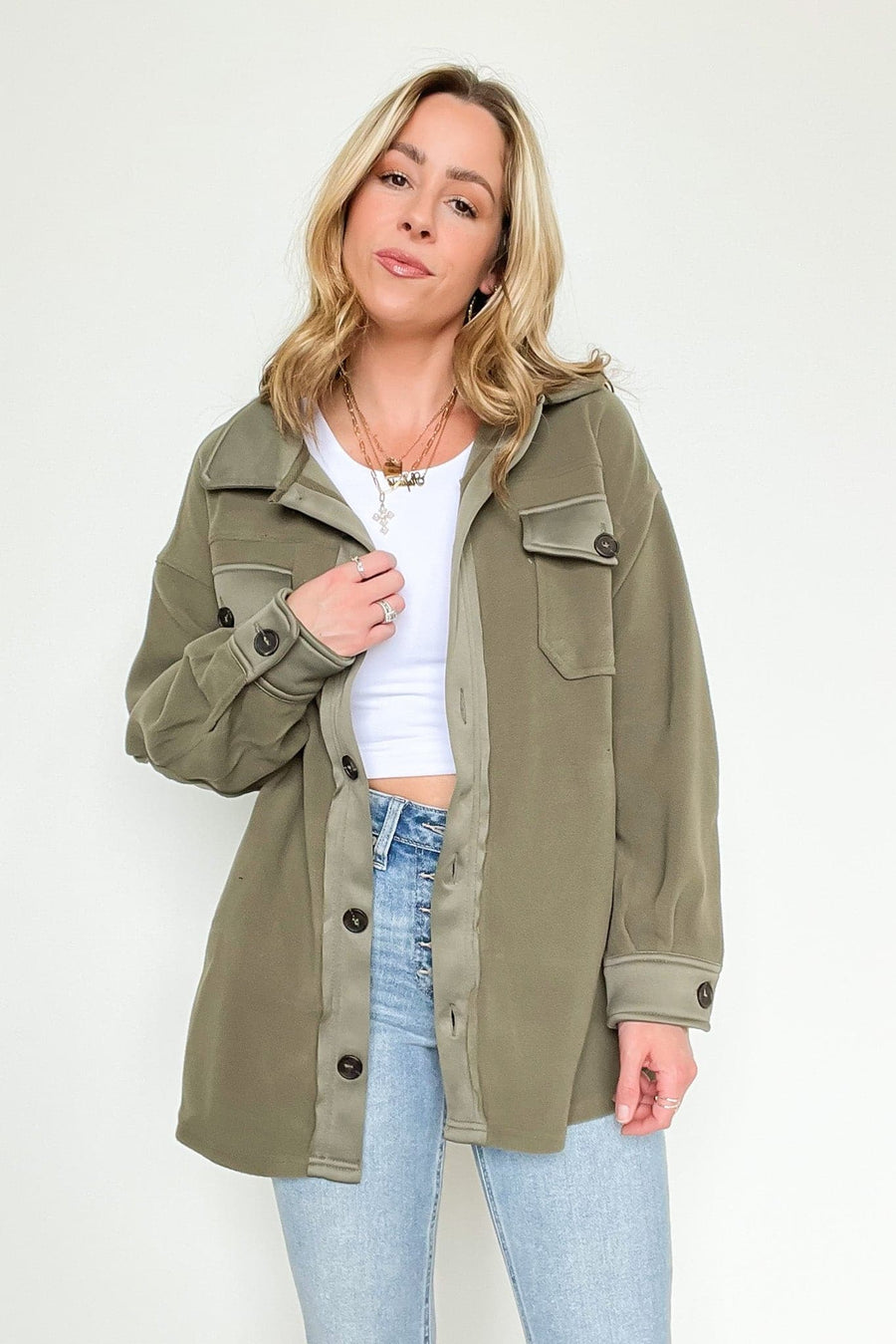 Light Olive / S Jaydah Oversized Contrast Fleece Shacket - kitchencabinetmagic