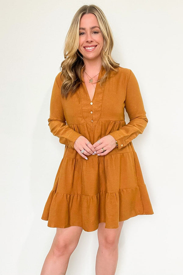 Camel / S Relaxing Retreat Corduroy Tiered Dress - Madison and Mallory
