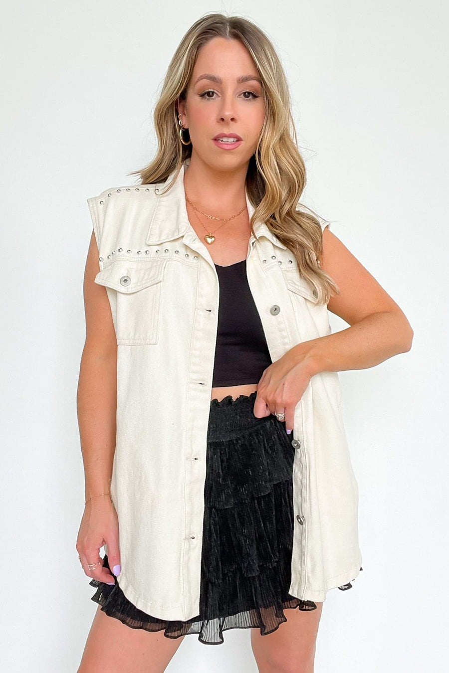 S / Cream Merissa Studded Button Down Vest - kitchencabinetmagic