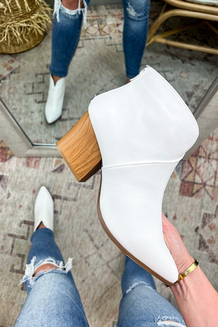 5.5 / White Next in Line Notch Front Faux Leather Booties - BACK IN STOCK - kitchencabinetmagic