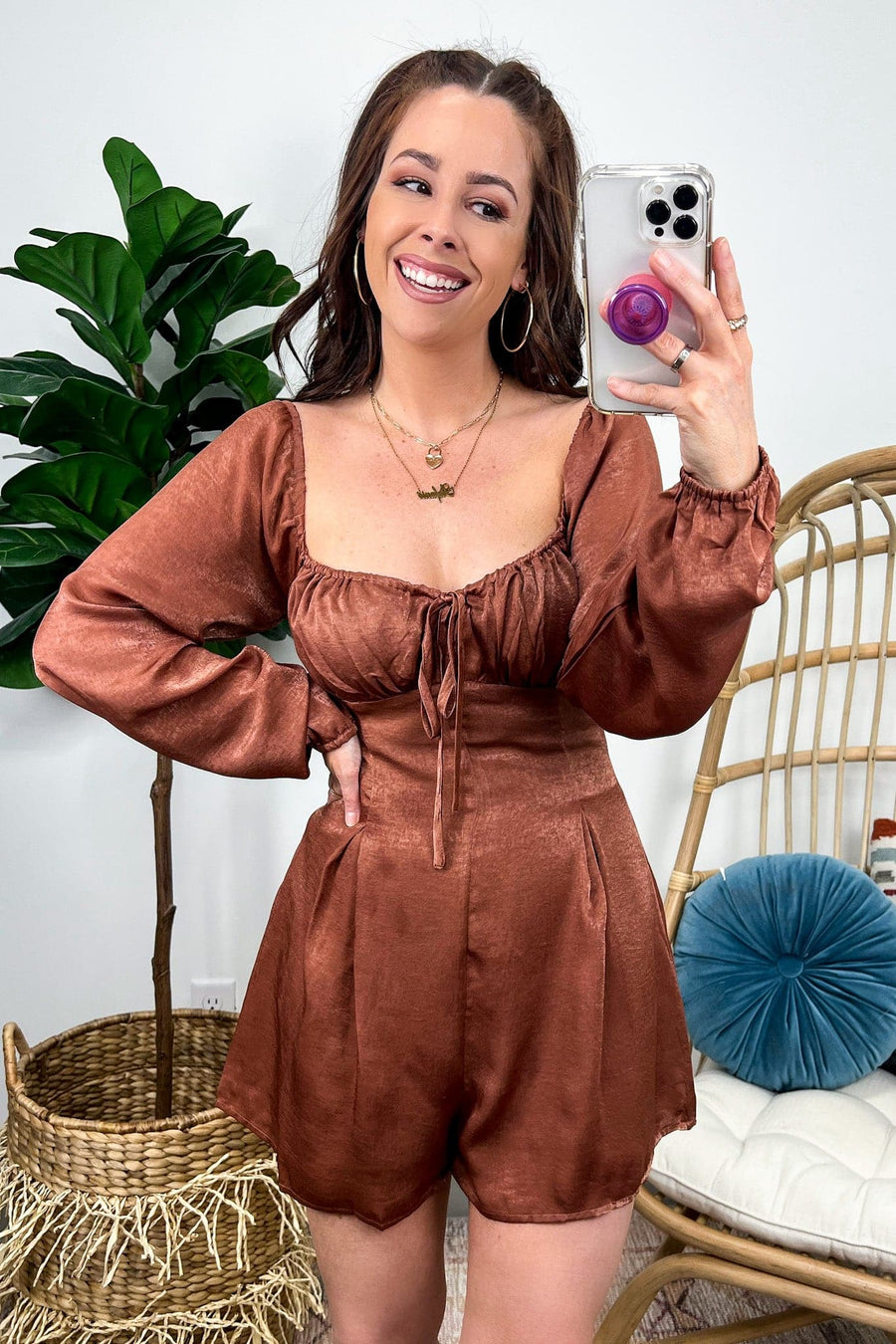 S / Ginger Nial Long Sleeve Ruched Satin Romper - FINAL SALE - kitchencabinetmagic