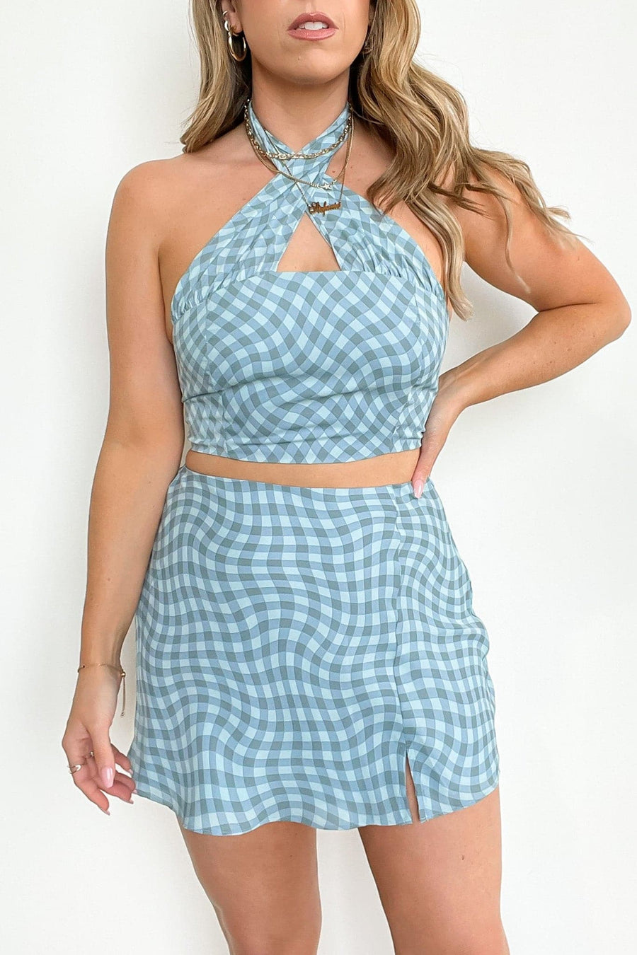 S / Teal/Blue Point for Me Check Print Skirt - FINAL SALE - kitchencabinetmagic