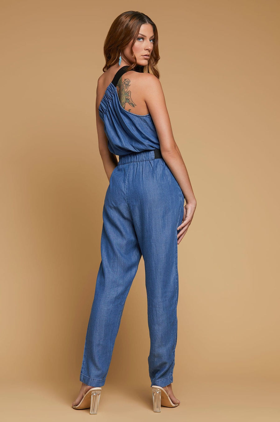 cold shoulder denim jumpsuit