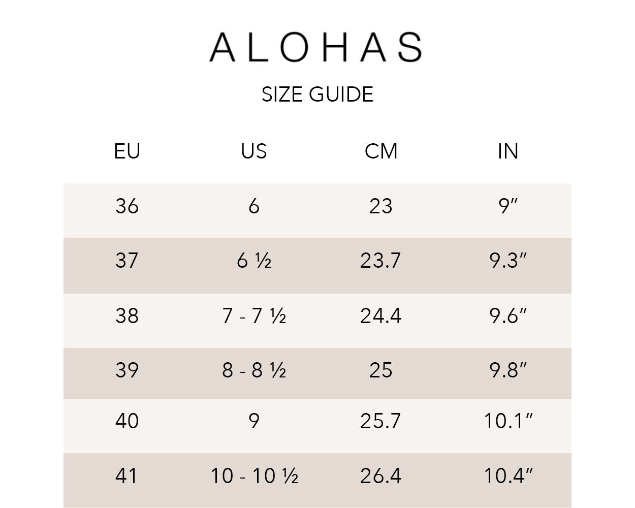 Alohas Size Chart