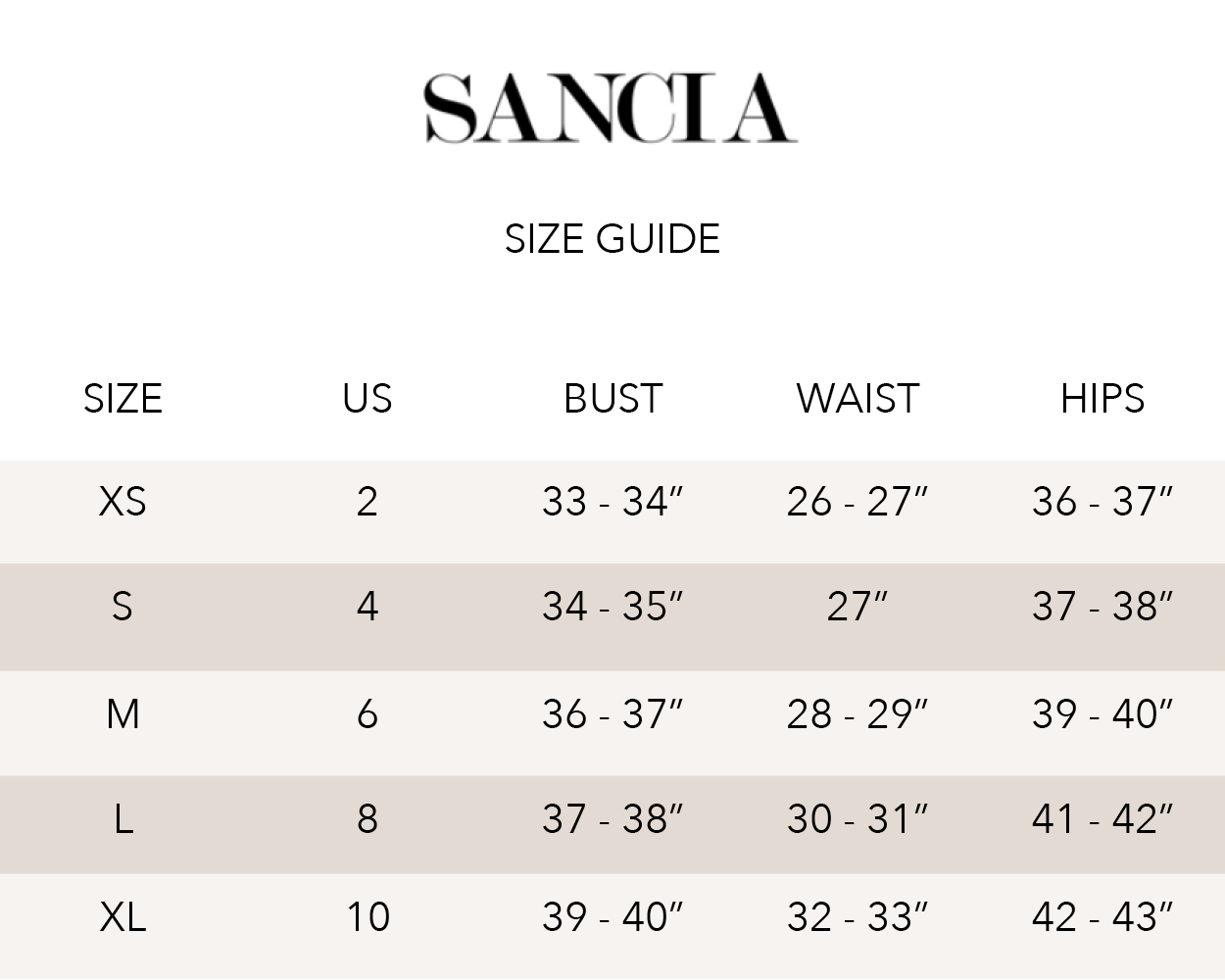 Sancia Size Guide