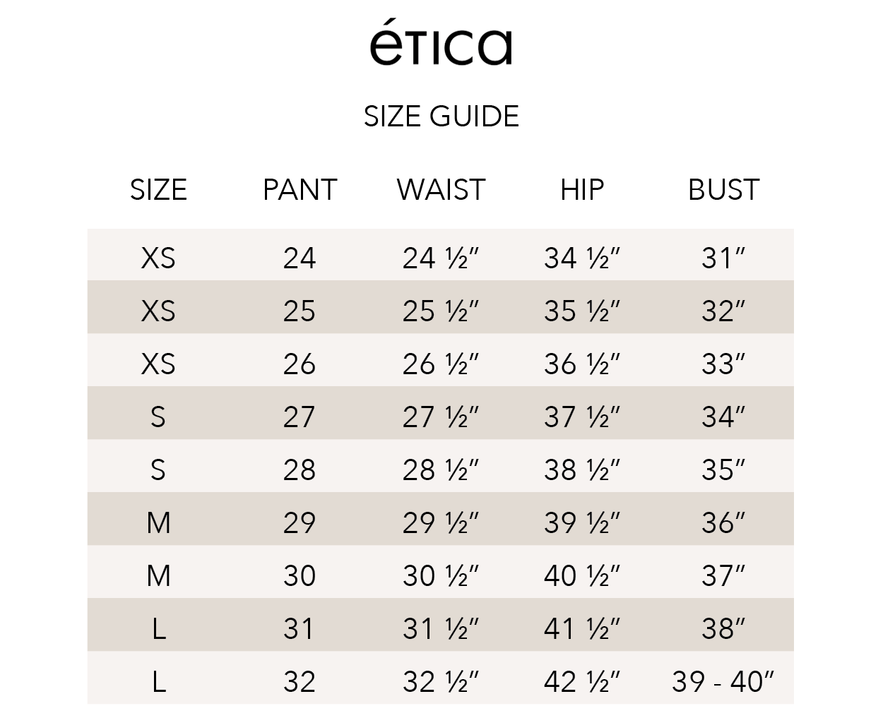 Etica Size Guide